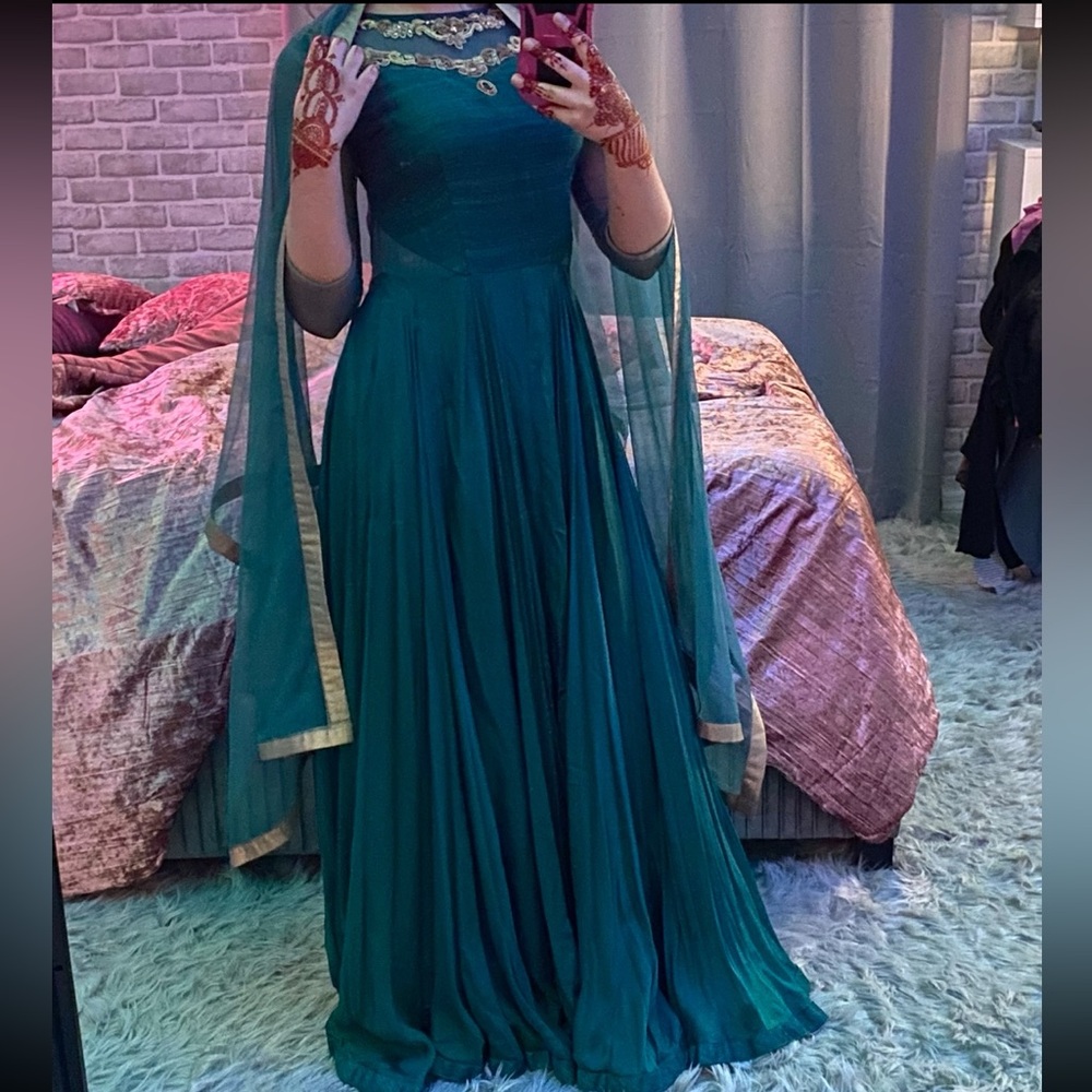 Teal and gold silky Indian gown dress